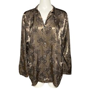 CP Shades Size Small Top Women's Brown Satin Jacquard Brocade Button Up Shirt